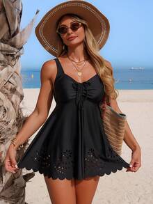 Swim Lushoire Vestido de baño de verano negro para mujer, con ribete de encaje calado, unicolor de moda personalizada, tirantes gruesos con decoración de lazo, para vacaciones y días de playa tropical - Negro - Ver 4
