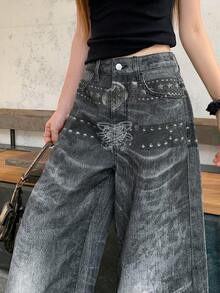 DAZY Jeans rectos holgados casuales de calle con diseño de estampado de cinturón para mujer - Gris - Ver 3