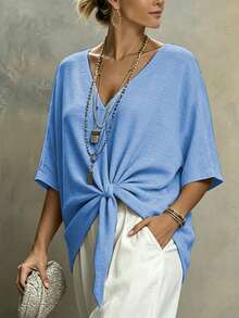 Weeklong Plus Size Casual Vacation Loose Hem V-Neck Short Shirt Vacation Light Blue Summer - Blue - View 8