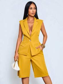 SOLERSUN Women's Old Money Aesthetic Mustard Yellow Sleeveless Blazer Vest Utility Pocket Shorts Co-Ord Set, Business Casual Outfit, Office Style Summer - Yellow - View 7