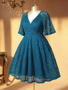 Rometta Plus Size Women's Summer V-Neck Overlay Lace Short Sleeve Elegant Dress - Teal Blue - View 2