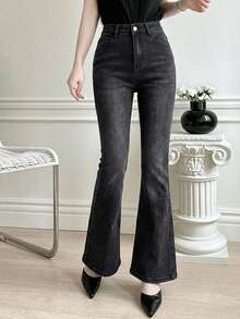 DAZY Jeans acampanados de uso diario casual lavados con bolsillos para mujer - Negro - Ver 2