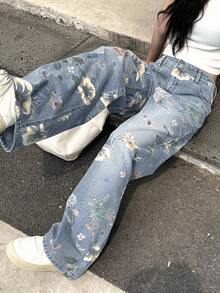 DAZY 女士休闲印花宽松阔腿牛仔裤，适合度假和日常通勤 - 淺色水洗藍 - 查看 9