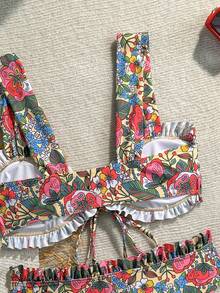 Swim Vcay Sweet Floral Random Print Wide Strap Tie-Front Triangle Bikini Set For Girls/Women - Multicolor - View 8