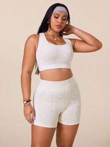 SHEIN Rhythm Era 女款豹紋交叉背心上衣與短褲運動套裝 - 米色 - 查看 6