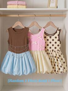 SHEIN [3 piezas aleatorias Envía 1 pieza] ¡Caja sorpresa!! Manga de bloques de color para niña joven - Rosa - Ver 1