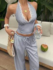 Sunnyshic Women's Blue And White Stripe V-Neck Lace Trim Halter Neck Top Low-Waist Drawstring Pants 2 Pieces Set Summer Coastal Chic Tropical Beach Vacation - Dark Grey - View 3