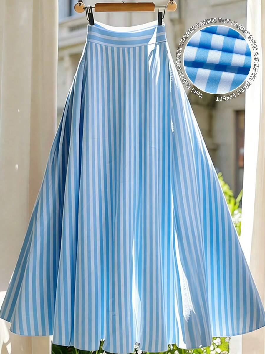 Franclia Falda larga de verano de rayas de línea A con cintura elástica para mujer, falda maxi azul de verano, falda azul y blanca, falda azul formal elegante, falda media adecuada para el verano para mujer, falda elegante para mujer, para vacaciones, para eventos formales, para el trabajo, informal de rayas azules - Multicolor - Ver 1