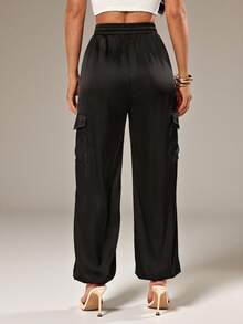 SHEIN PETITE Autumn Satin Drawstring Waist Black Casual Women's Trousers Petite Party Everyday Work - Black - View 2