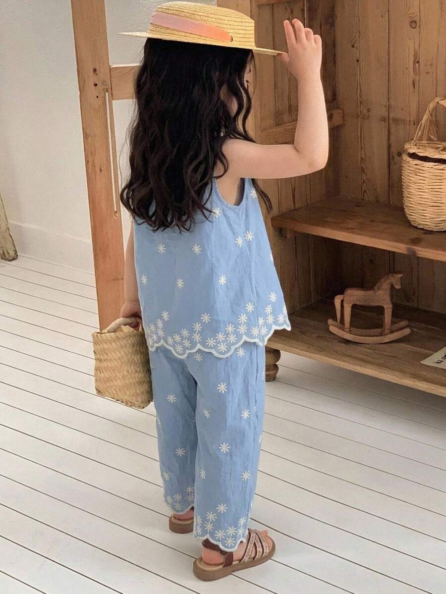 DAZY 女嬰無袖上衣與寬鬆休閒長褲2件套 夏季幼兒 - 淺藍色 - 查看 1