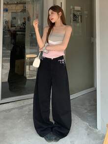 DAZY Women's Loose Floral Embroidered Casual Denim Long Pants Cute Tops - Grey - View 6