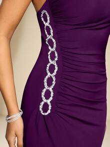 Coutiva Rhinestone Asymmetric Neckline Thigh-High Slit Wrap Dress - Purple - View 4