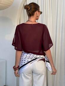 SHEIN Clasi 夏季休閒純色V領開衩袖雪紡上衣 - 紫色 - 查看 7