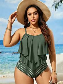 Swim Lushoire Plus Size Women's Summer Beach Ruffle Strap Tankini Set - Multicolor - View 4