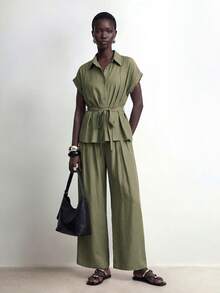 SHEIN Stylify Elegant Casual Teachers' Day New Style Women's Spring/Summer Olive Green Stand Collar Short Sleeve Textured Fabric Suitable For Daily Wear Work Office - Green - View 5