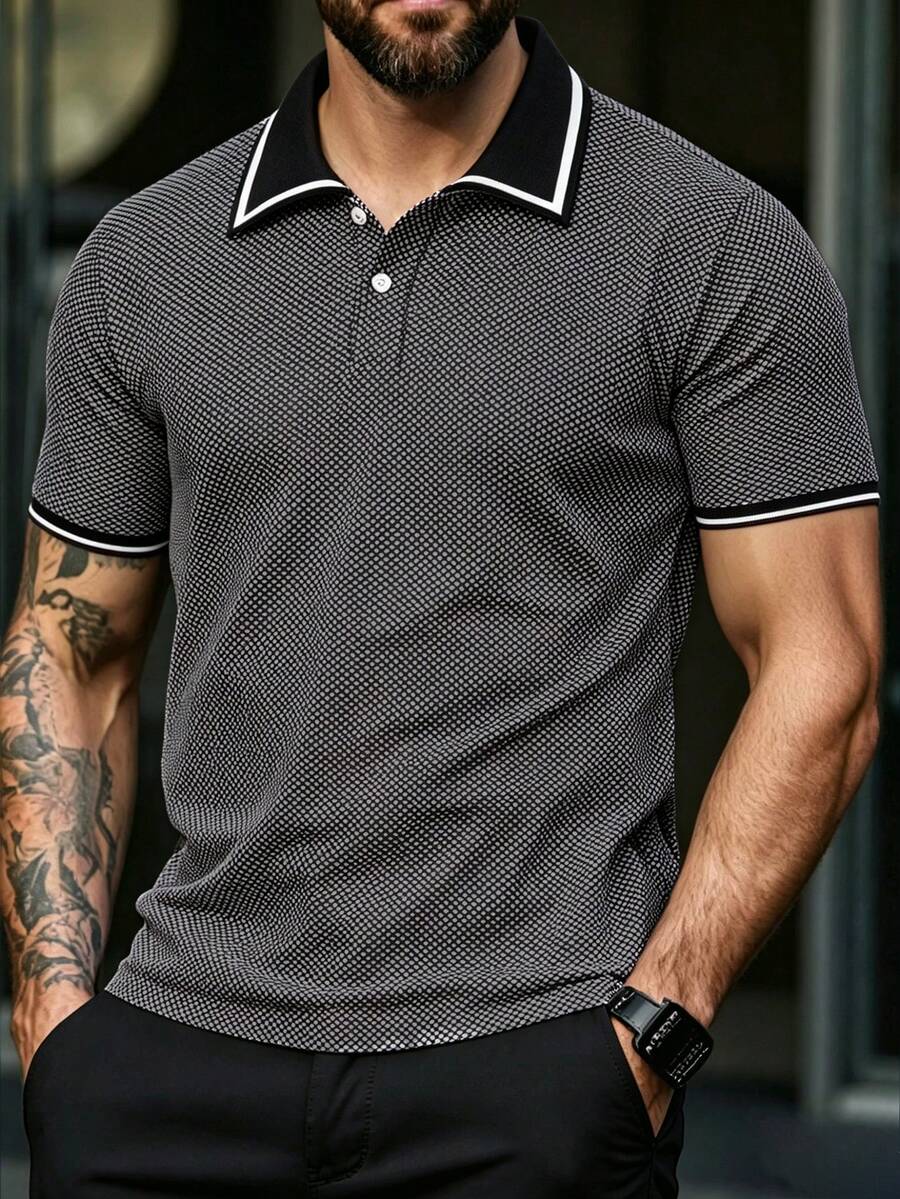 Manfinity Homme 男士大尺碼對比色休閒百搭通勤旅行短袖POLO衫 - 黑色 - 查看 1