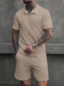 Manfinity CasualCool 男士紋理寬鬆版型短袖休閒 Polo 衫套裝 - 卡其色 - 查看 5