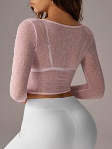 SHEIN Sovereign Charm Women's Solid Color Criss-Cross Design Long Sleeve Cropped Sports T-Shirt - Pink - View 2