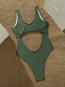 Swim SXY 女款一件式鏤空純色泳衣 夏季海灘適用 - 軍綠色 - 查看 2