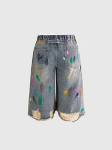 ROMWE Avant Y2K Music Festival Casual Street Graffiti Ink Wash Light Blue Versatile Plus Size DenimBermuda Shorts - Blue - View 2