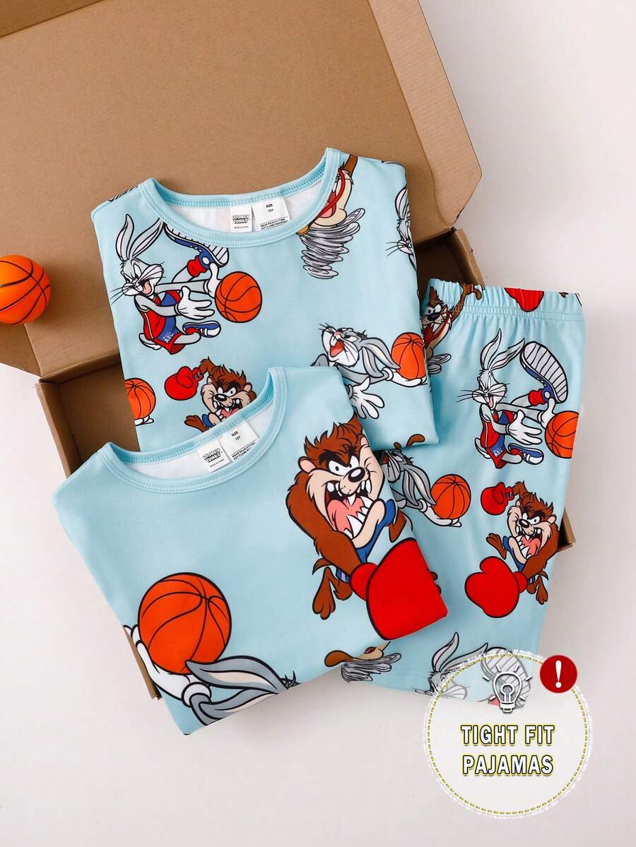 LOONEY TUNES X SHEIN GraphicGems Sommer Tween Jungen Figurbetonte Pyjamas Weich Bequem Minimalistisch Kurzarm Shorts 3 Stücke Set Figurbetonte Loungewear - Grün - Übersicht 1