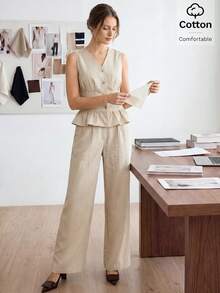 Easowa Women's Single-Breasted Ruffle Hem Vest Smart Casual Sexy French Elegant Business Loose Pocket Wide Leg Pants 2 Pieces Set Office Light Beige Summer - Khaki - View 4