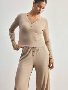 Ocili Women Solid Color Long Sleeve Top And Pants Pajama Set - Khaki - View 5