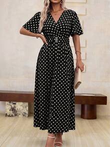 Vionelle Plus Size Women's Fashionable Long Allover Print Dress With Ruffled Short Sleeves, Side Slit And - Black - View 3