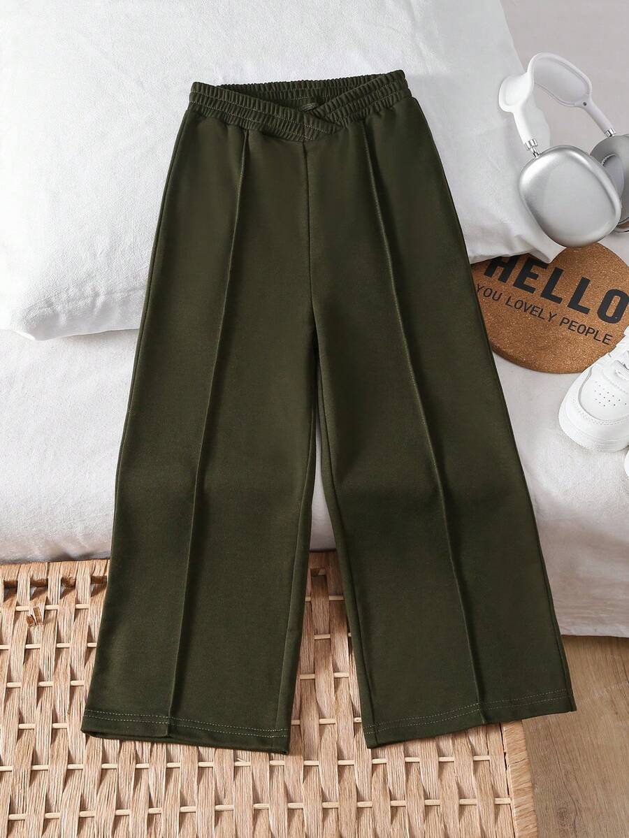 SHEIN 少女純色不對稱腰寬腿寬鬆長褲 - 軍綠色 - 查看 1
