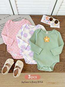 Cozy Pixies Baby Girl Floral Print Knit Soft Round Neck Long Sleeve Autumn Winter Bodysuit 3pcs Pieces Set Versatile Comfortable - Multicolor - View 3