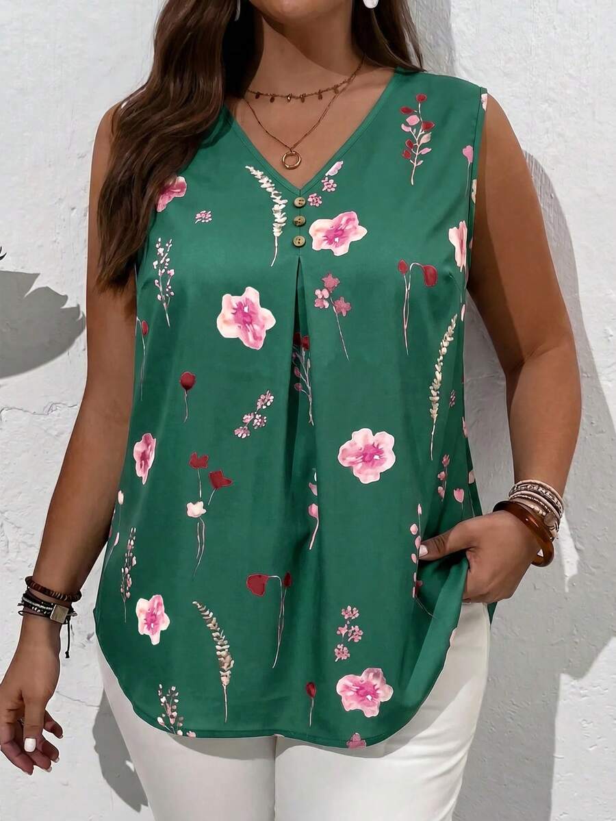EMERY ROSE Plus Size Summer Countryside V-Neck Floral Printed Summer Sleeveless Blouse, Casual - Green - View 1