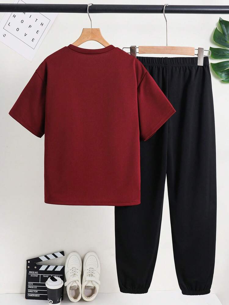SHEIN 兒童 2件/套 青少年男孩休閒椰子樹 & 口號圖案短袖T恤與長褲 2件套 適合學校、花園、海灘、生日 春夏 - 彩色 - 查看 3