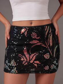 TRNVIE Women's Fashion Mini Floral Sequin Skirt - Black - View 3