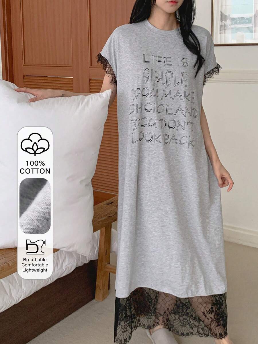 DAZY Lace Patchwork Loose Short Sleeve T-Shirt Dress, Long Casual Dress For Women Summer Pajamas - Light Grey - View 1