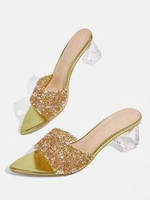 CUCCOO TILAWA Transparent Asymmetric Chunky Heel Women's Glass Rhinestone Sandals - yellow gold - View 9