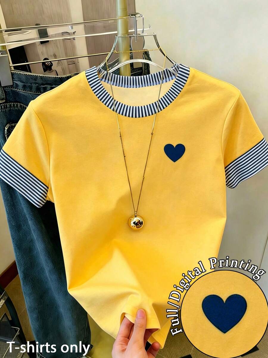 Resyla 大尺碼女款心形條紋印花圓領短袖休閒T恤 - 彩色 - 查看 1