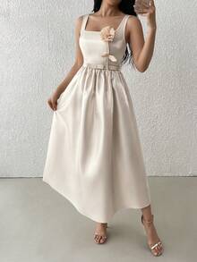 Modelyn Women's Romantic Elegant Shiny 3D Floral Camisole Waist Midi Dress, Luxurious Draping Effect For Party Beige Summer - Apricot - View 4
