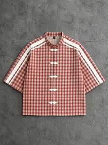 PAVTROS Manfinity Streetrush Men's Brown Plaid,Summer,Casual,Vacation Street Style Plaid Print Short Sleeve Oversized Shirt,Graphic Design Streetwear - Multicolor - View 3