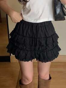 DAZY 女款素色荷葉邊蕾絲腰部綁帶蛋糕裙 - 黑色 - 查看 3