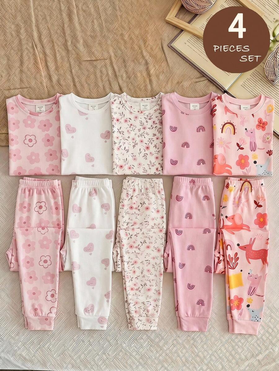 SHEIN LMoss Kids 少女針織花卉愛心圖案休閒簡約修身舒適圓領短袖T恤與長褲修身居家服,適合春夏,4件組 - 彩色 - 查看 1