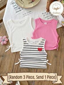 SHEIN Young Girl Knit Solid Color Round Neck Ruched Casual Tank Top - White - View 6