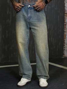 DAZY Long Washed Distressed Straight Fit Men's Jeans - Blue - View 5