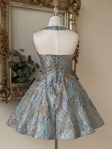 Lovelzi Elegant Light Blue Jacquard Fabric Strapless Backless A-Line Skirt Ball Gown, Fashionable Dress For Graduation,Wedding Event,Birthday Party - Blue - View 3