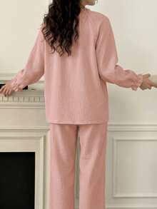 DAZY Sweet Fresh Light Blue All Cotton Gathered Ruffle Design Loose 2pcs Women's Pajama Set - Baby Pink - View 2