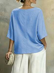 Weeklong Plus Size Casual Vacation Loose Hem V-Neck Short Shirt Vacation Light Blue Summer - Blue - View 2
