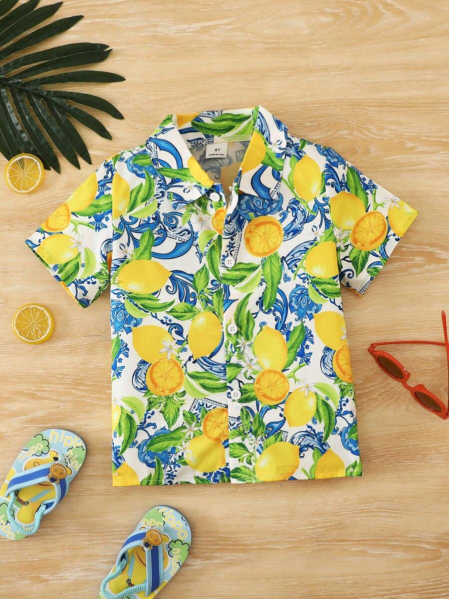 SHEIN 男童度假翻領短袖襯衫 - 黃色 - 查看 1