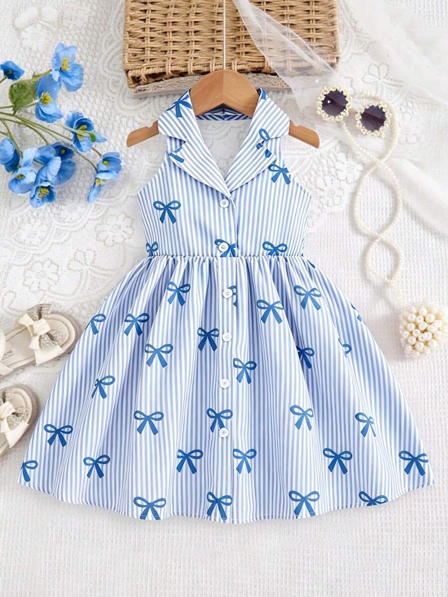 SHEIN Elladie kids Garden Girls 夏季新款時尚 Polo 領掛脖露背收腰甜美百搭度假風女童正式洋裝 - 彩色 - 查看 1