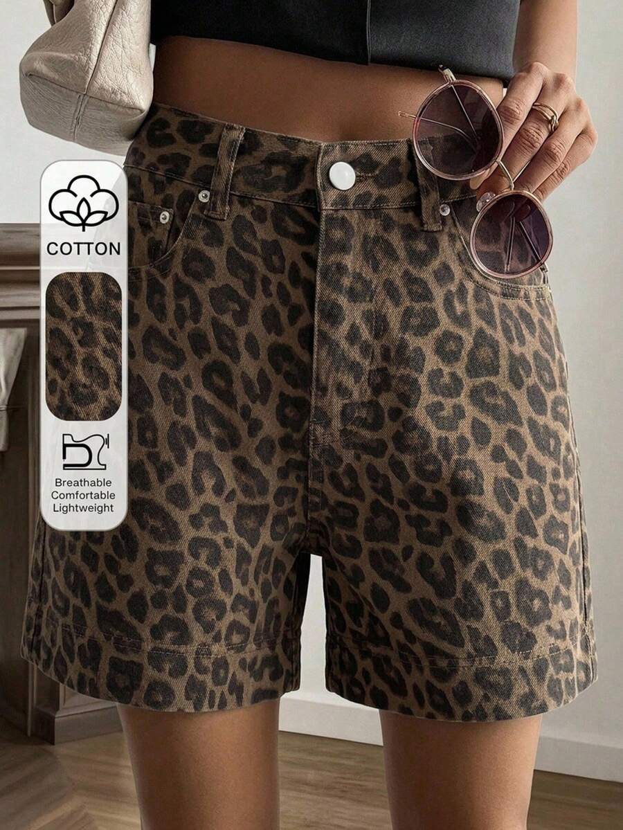 Livesso Women's High Waist Leopard Print Casual Cotton Denim Shorts For Summer Holiday And Festival Outfits - Brown - View 1