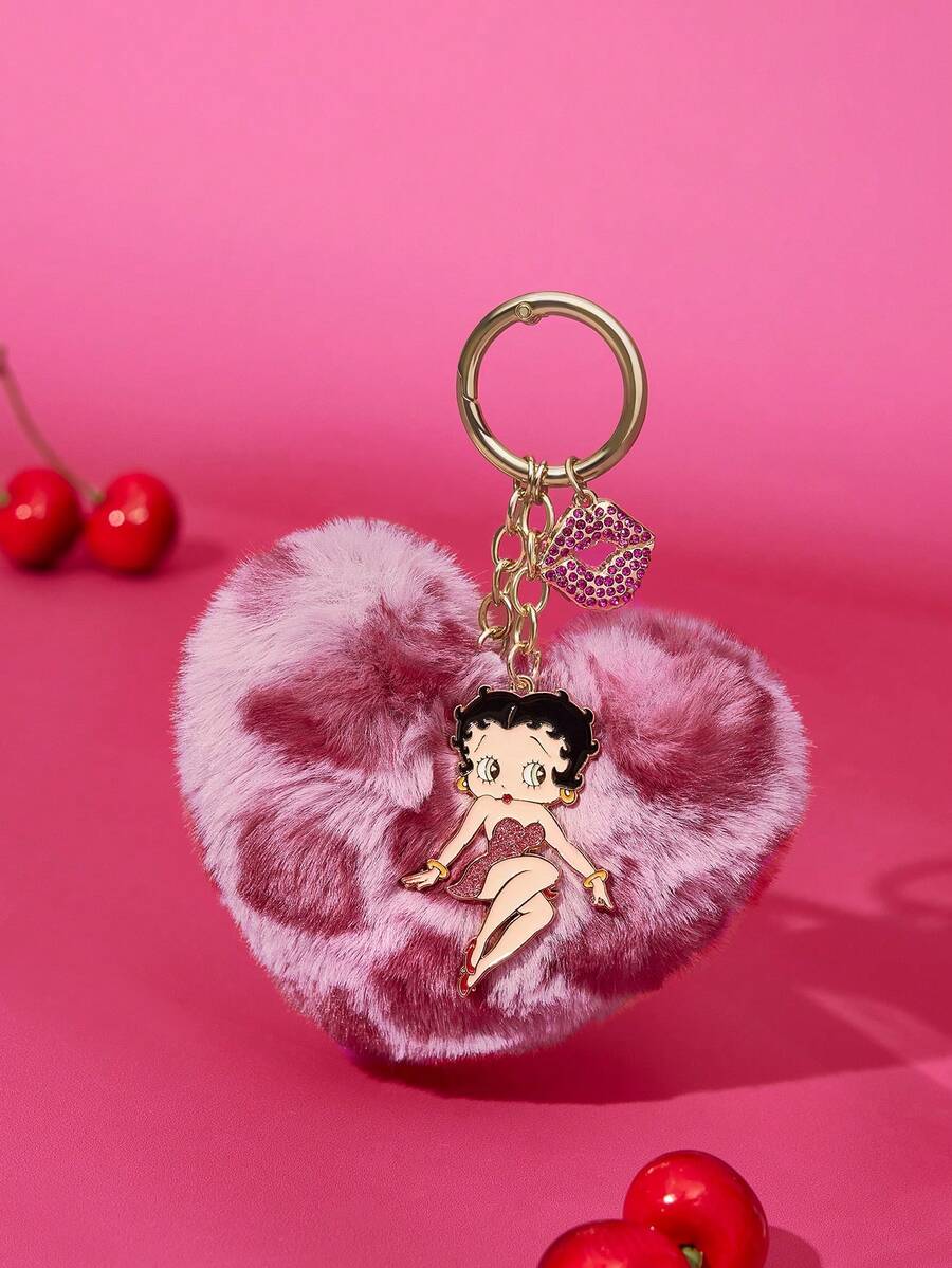 Betty Boop x SHEIN 時尚豹紋愛心金屬合金包包吊飾,亮面卡通吊飾,紀念品收藏品,適合送禮,適用於錢包、書包、背包、汽車裝飾,禮物靈感,派對、節日、情人節 - 混色 - 查看 1