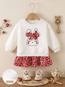 Cozy Pixies Baby Girl Cartoon Rabbit Pattern 3D Bow Decor Knitted Soft 2 In 1 Round Neck Long Sleeve Floral Patchwork Autumn Dress - Multicolor - View 1